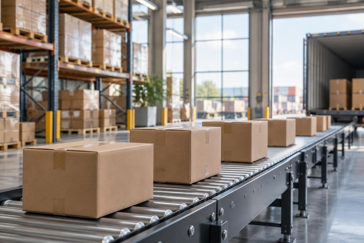 Plain parcels moving on a warehouse conveyor belt, ready for direct delivery